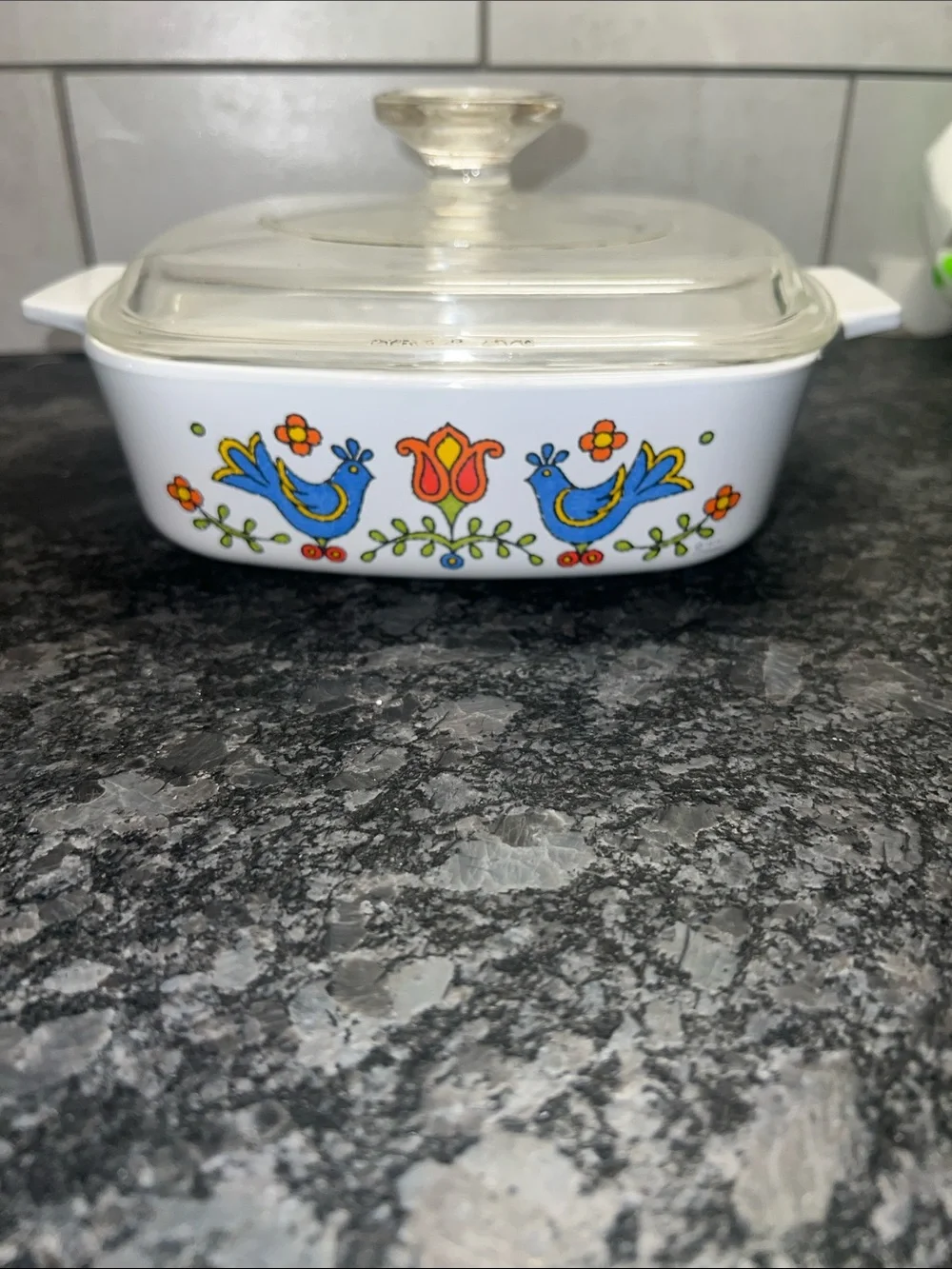 1975 1qt CorningWare Country Festival Casserole Dish Blue Floral Bird Pattern